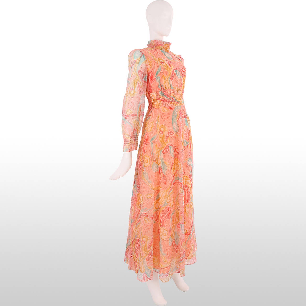 Women's 1970's Coral Marble Roll Neck Maxi Dress