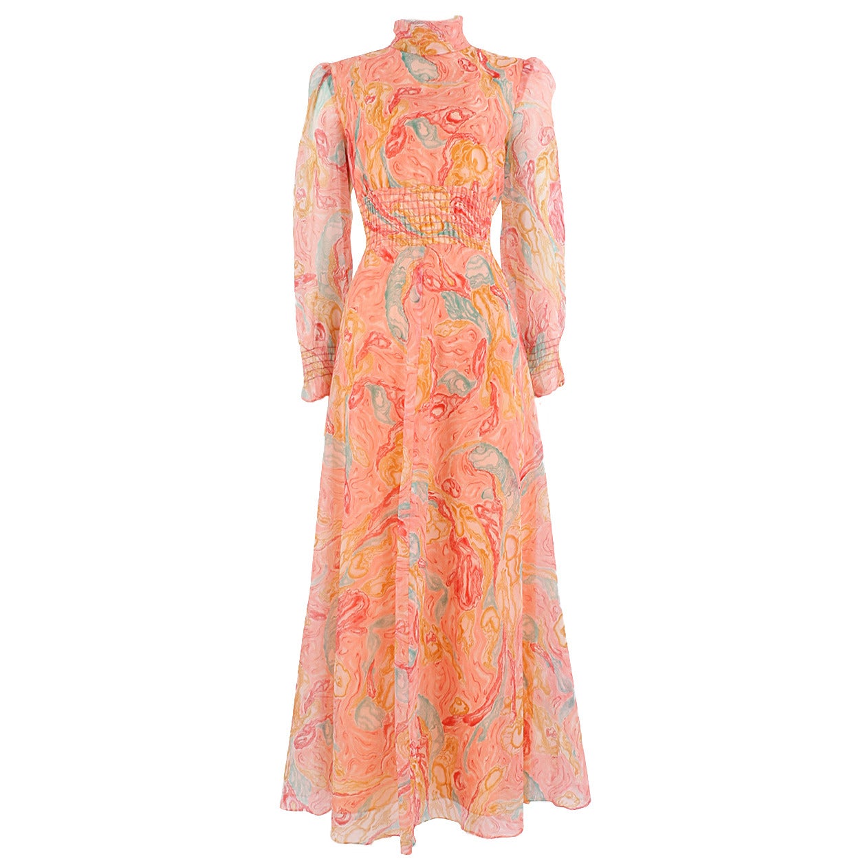 1970's Coral Marble Roll Neck Maxi Dress at 1stDibs