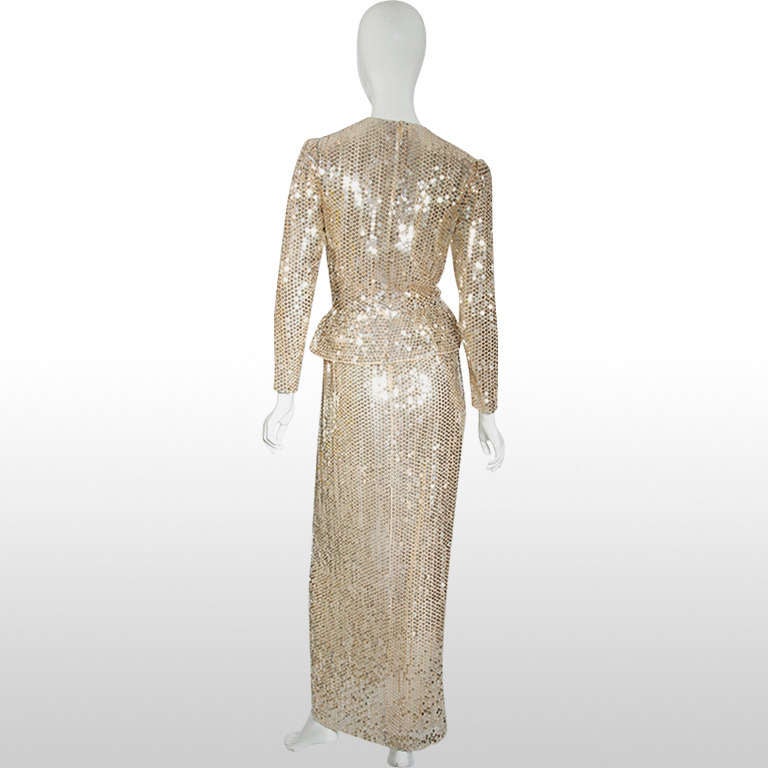 1970's Estevez Sequin & Nude Peplum Full Length Gown In Excellent Condition In London, GB
