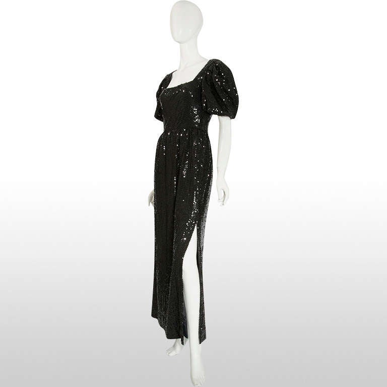 1970's Donald Brooks Black Sequin Full Length Gown In Good Condition For Sale In London, GB