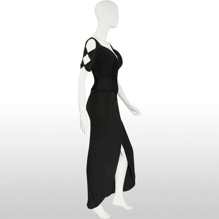 Black 1980's Vicky Tiel Couture Open Shoulder Ruched Full Length Gown For Sale