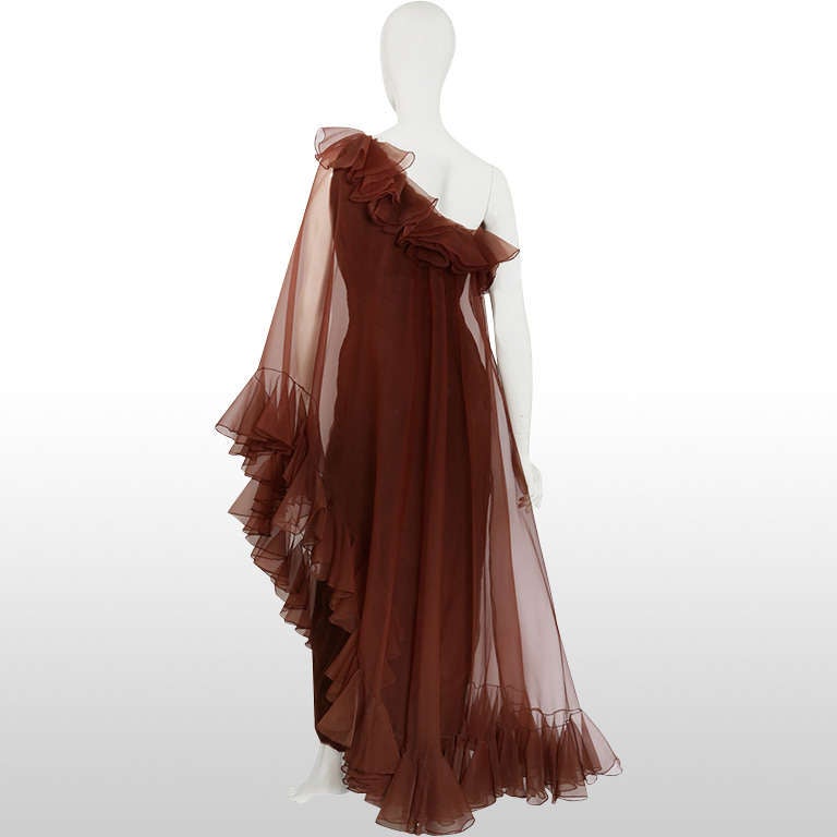 1970's Malcolm Starr One-Shouldered Cinnamon Ruffle Gown In Excellent Condition In London, GB