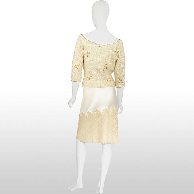 Women's 1950's Lord & Taylor Cream Sequin Floral Jumper For Sale