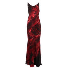 Roberto Cavalli Dark Foliage Print Silk Strappy Slip Gown
