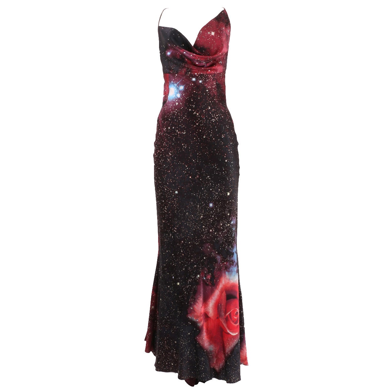 Roberto Cavalli Galaxy Print Silk Strappy Cross Back Gown