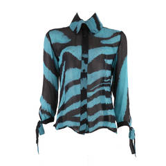 Roberto Cavalli Turquoise and Black Zebra Print Silk Blouse