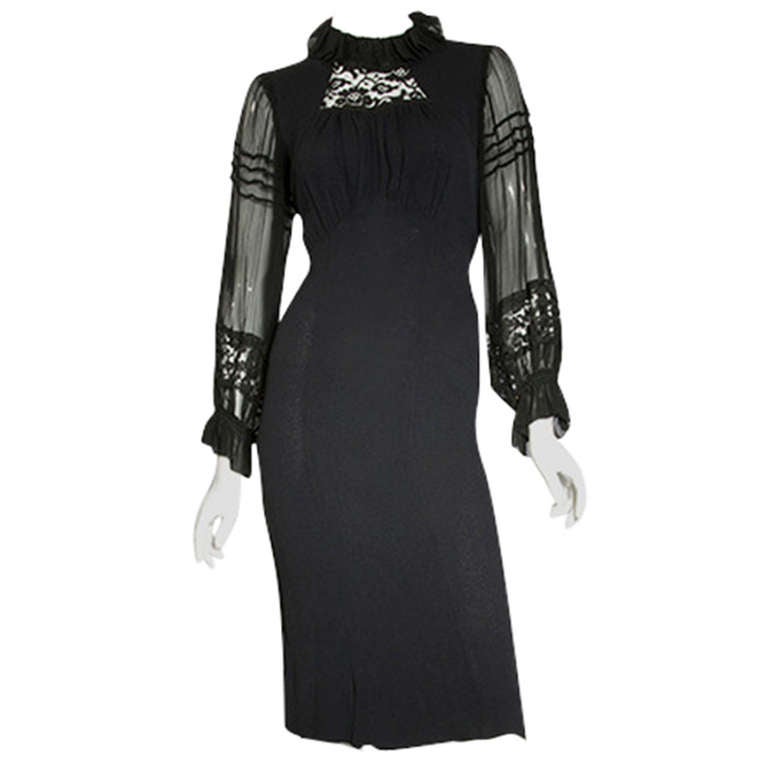 1940's Black Crepe & Chiffon High Neck Ruffle Cocktail Dress For Sale