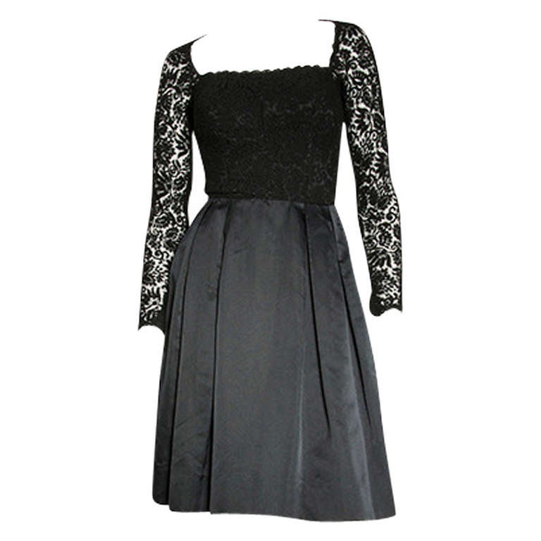 1950's Black Satin & Lace Bodice Cocktail Dress For Sale