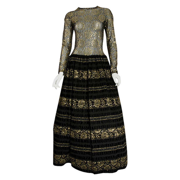 1960's Arnold Scaasi Couture Black & Gold Metallic Lace Gown For Sale