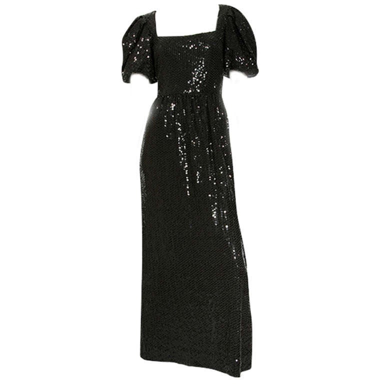 1970's Donald Brooks Black Sequin Full Length Gown For Sale