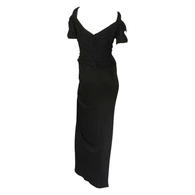 1980's Vicky Tiel Couture Open Shoulder Ruched Full Length Gown For Sale