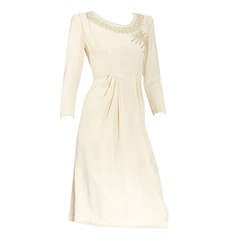 1940's Ivory Crepe Day Dress with Pearl, Bead and Sequin Detailing