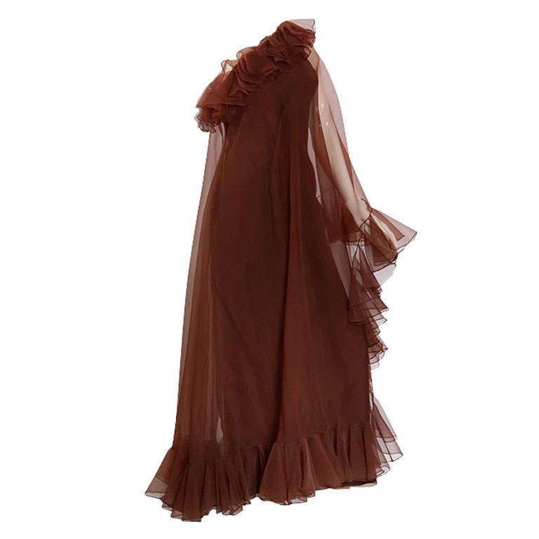 1970's Malcolm Starr One-Shouldered Cinnamon Ruffle Gown at 1stDibs