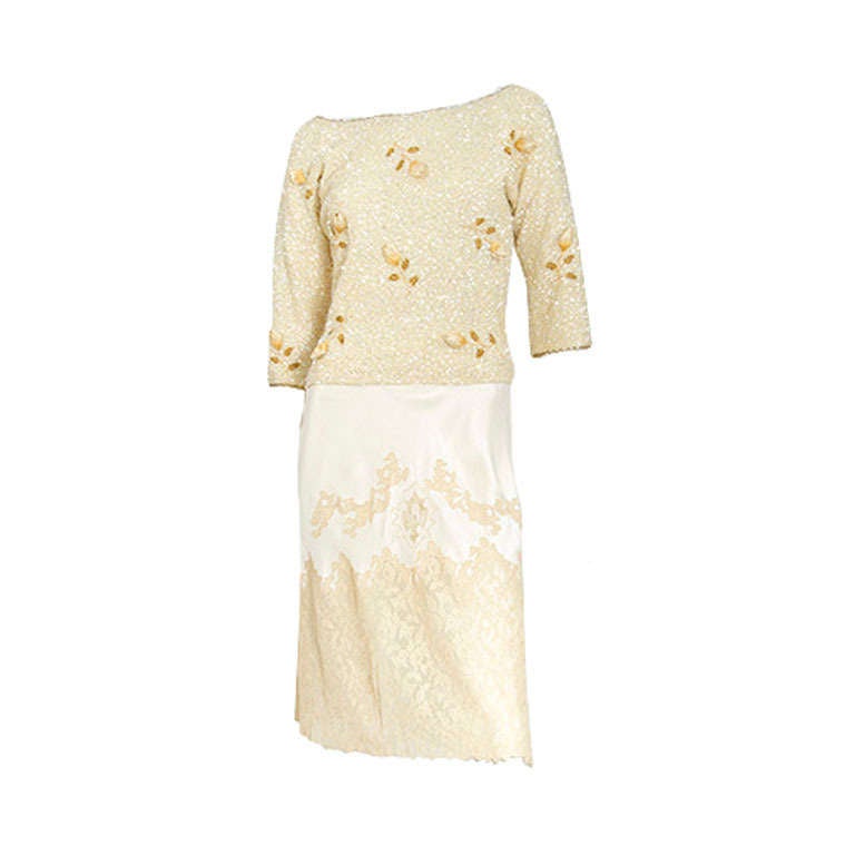 1950's Lord & Taylor Cream Sequin Floral Jumper For Sale
