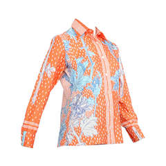Vintage 1970's Lanvin Coral Abstract Floral Print Shirt