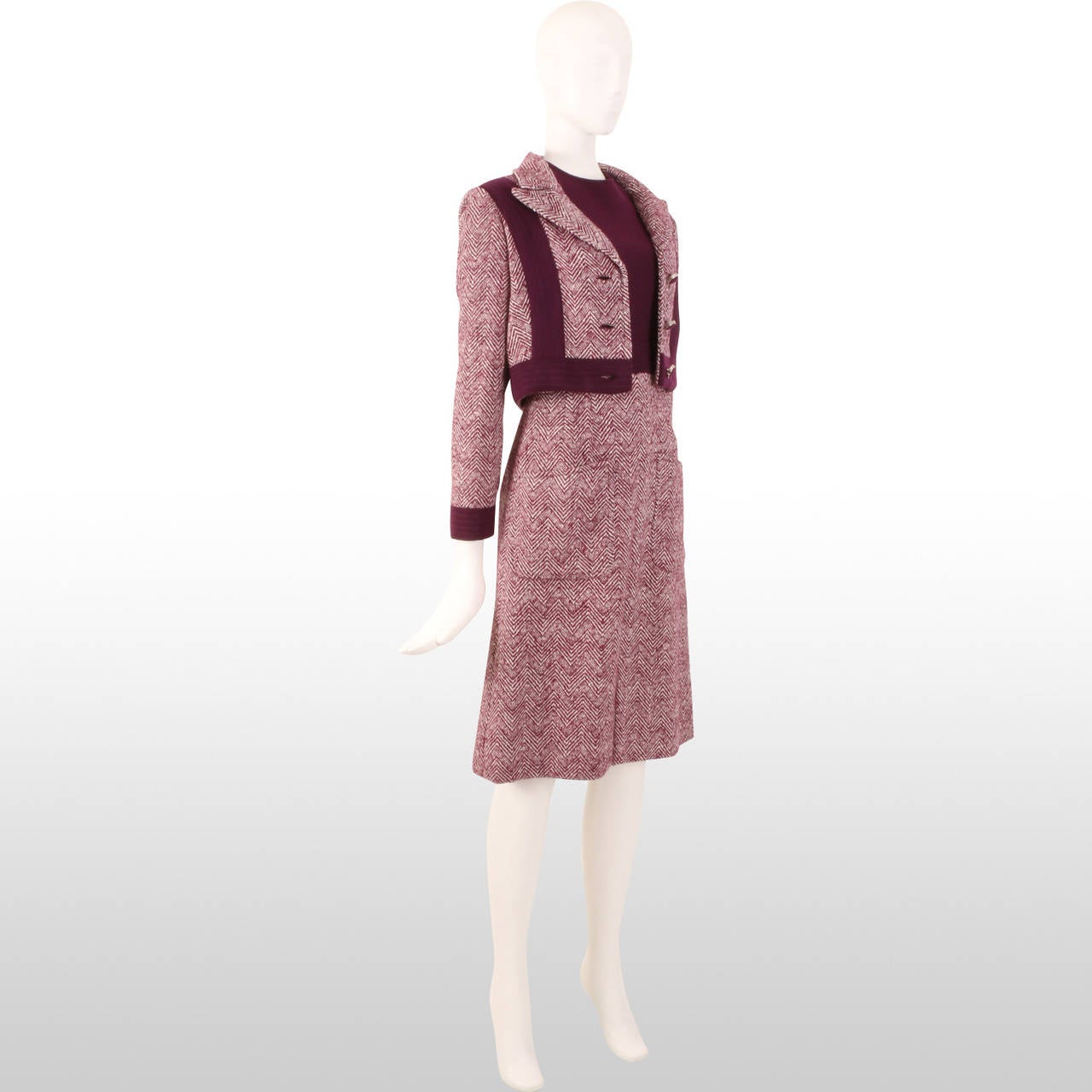 Brown 1960's Oscar de la Renta Boutique Plum Knit Wool Dress and Jacket