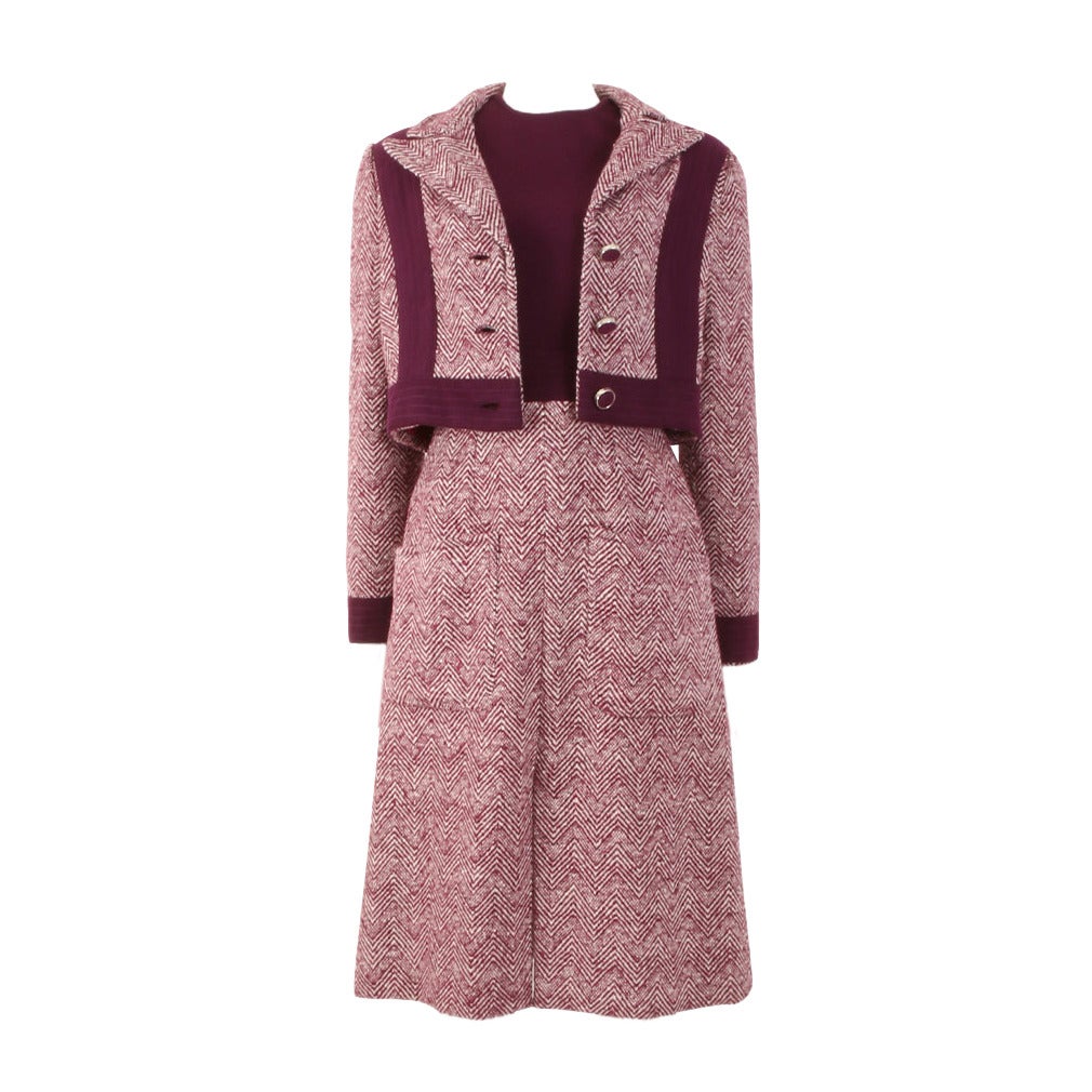 1960's Oscar de la Renta Boutique Plum Knit Wool Dress and Jacket