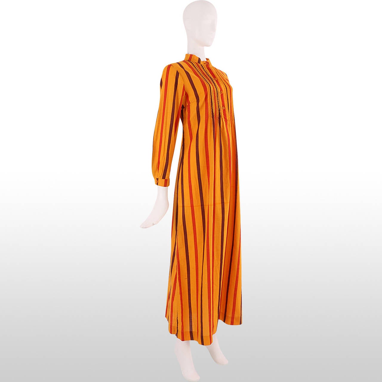 Women's 1970's Marimekko (Harrods) Mustard Striped Kaftan Tunic Dress - Size M