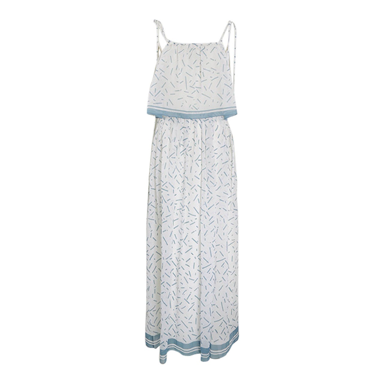 1970’s Ivory and Pale Blue Line Print Dress For Sale