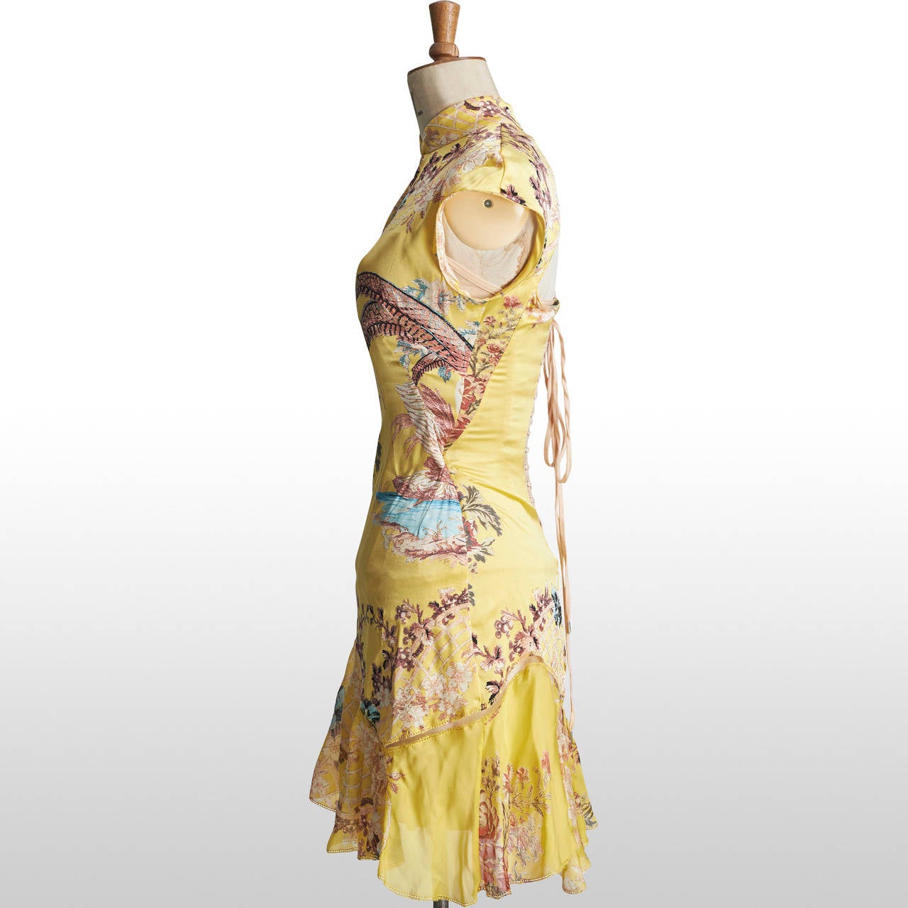 Women's Roberto Cavalli RUNWAY Canary Yellow Silk Floral Chinoiserie Print Dress RUNWAY