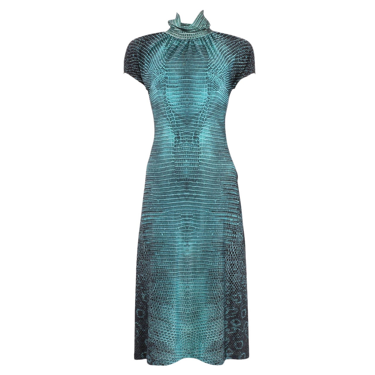 Roberto Cavalli Snake Skin Print Turquoise Cowl Neck Dress - Size M