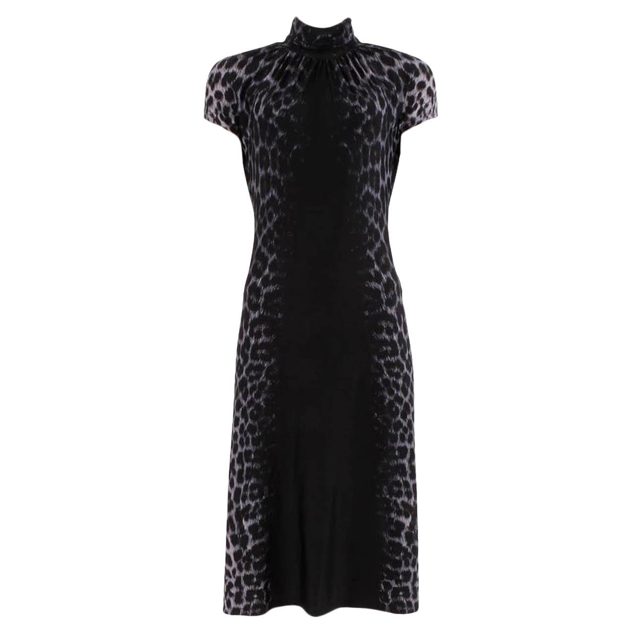 Roberto Cavalli Black and Grey Leopard Print Polo Neck Dress - Size S For Sale