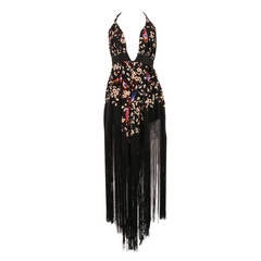 Mamie Black with Floral and Bird Embroidery Halter Dress with Fringe