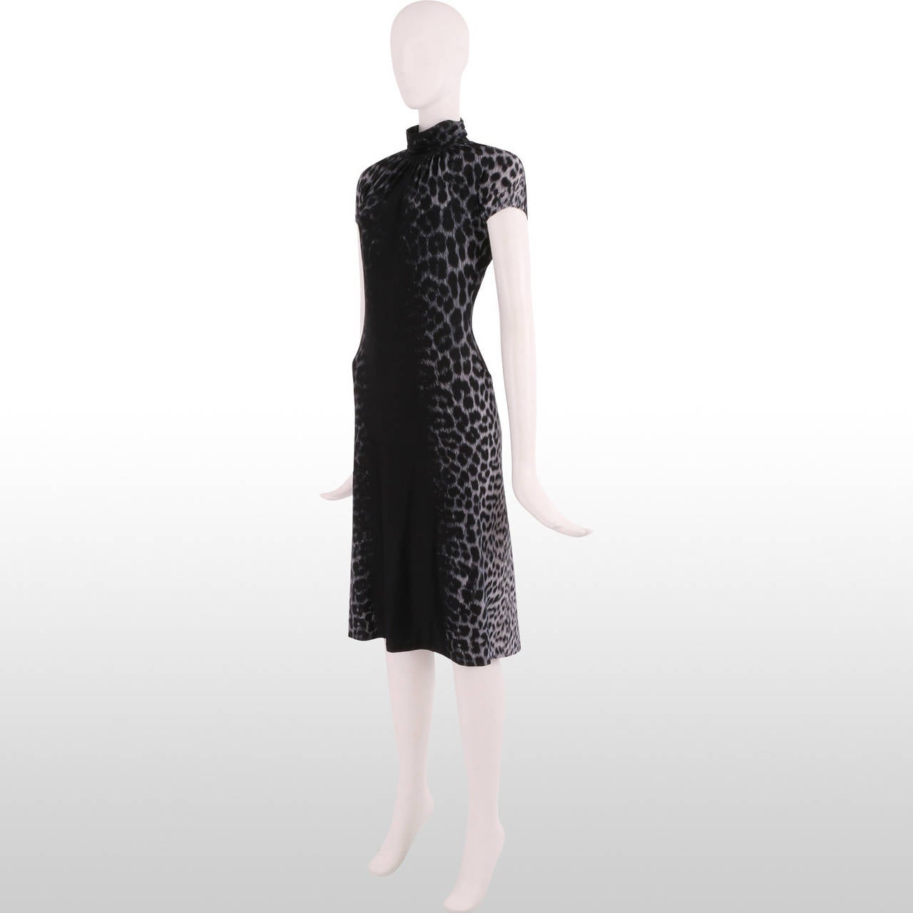 Roberto Cavalli Black and Grey Leopard Print Polo Neck Dress - Size S For Sale 1