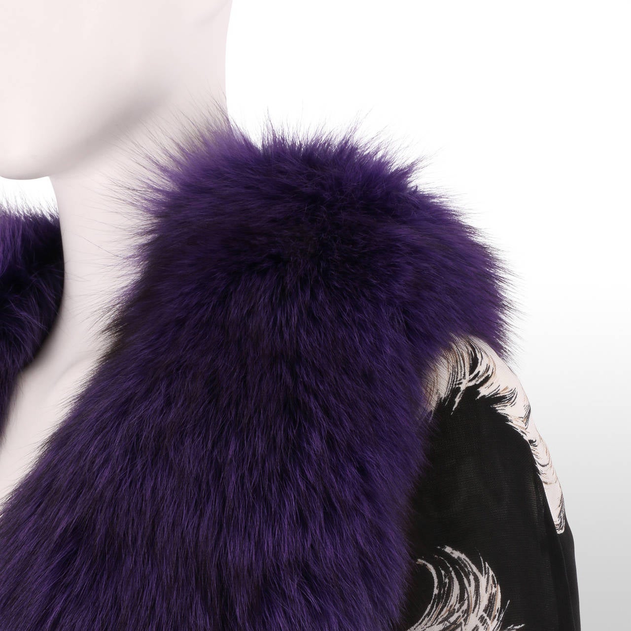 D&G A/W 1997 RUNWAY Monochrome Feather Print Dress WITH Purple Fur Collar 2