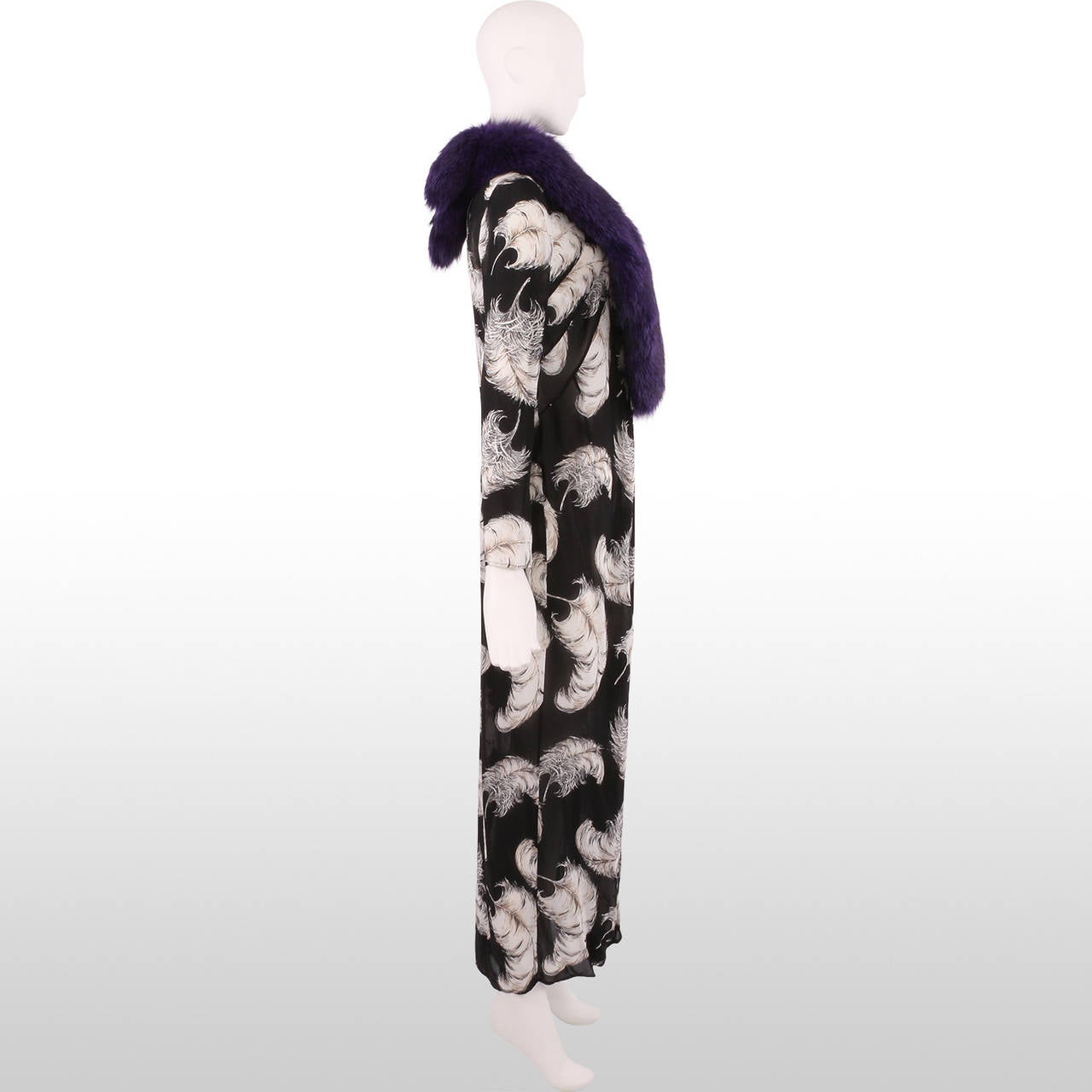 D&G A/W 1997 RUNWAY Monochrome Feather Print Dress WITH Purple Fur Collar In Excellent Condition In London, GB