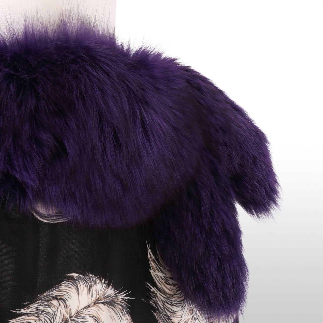 D&G A/W 1997 RUNWAY Monochrome Feather Print Dress WITH Purple Fur Collar 4