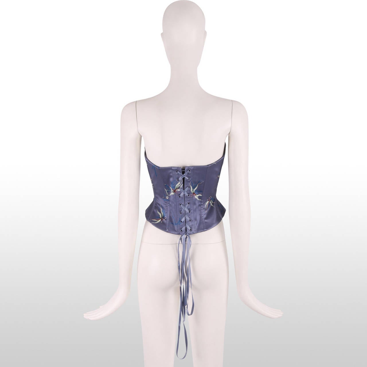 Chloe Satin Blue with Flower Embroidery Bustier Corset - RUNWAY - AD CAMPAIGN In Excellent Condition In London, GB