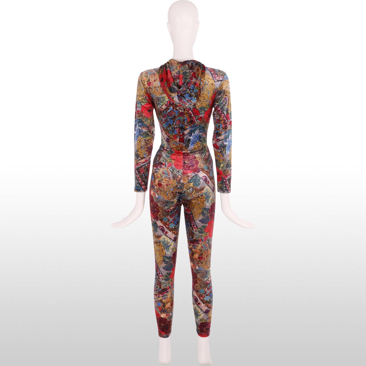 1980s Chrissie Walsh Velvet Multicolour Floral Print Body and Leggings In Excellent Condition For Sale In London, GB
