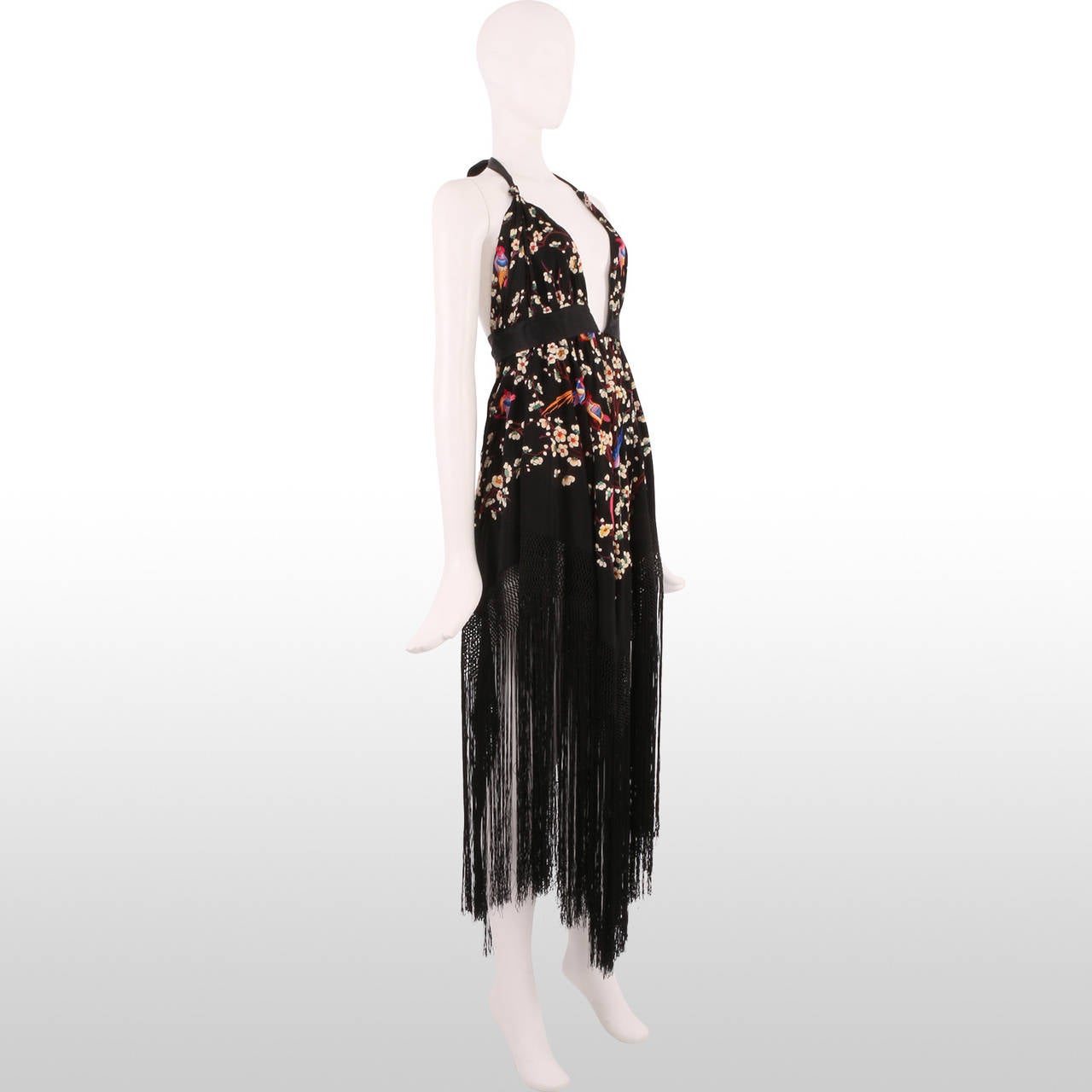 Mamie Black with Floral and Bird Embroidery Halter Dress with Fringe
