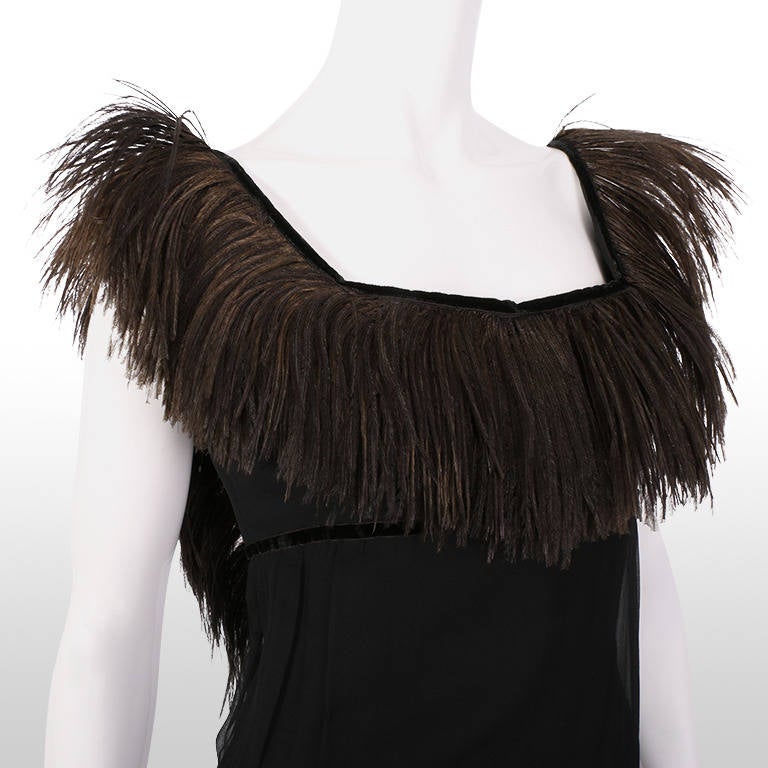 1960's Black Ostrich Feather Trim Cocktail Dress In Good Condition For Sale In London, GB