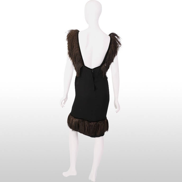 1960's Black Ostrich Feather Trim Cocktail Dress For Sale 2