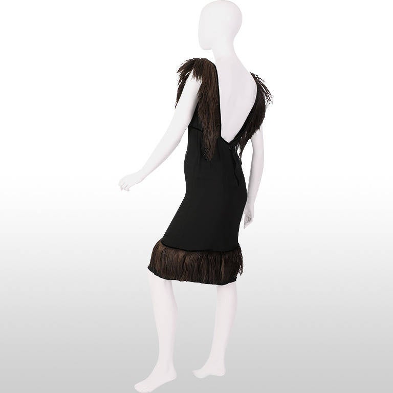 1960's Black Ostrich Feather Trim Cocktail Dress For Sale 4