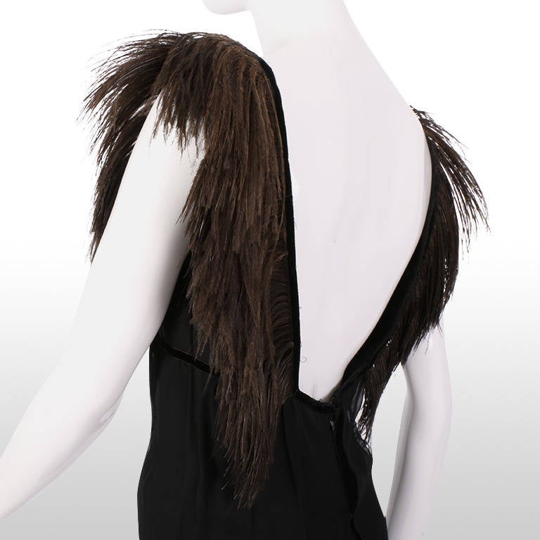 1960's Black Ostrich Feather Trim Cocktail Dress For Sale 3
