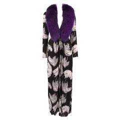 Vintage D&G A/W 1997 RUNWAY Monochrome Feather Print Dress WITH Purple Fur Collar