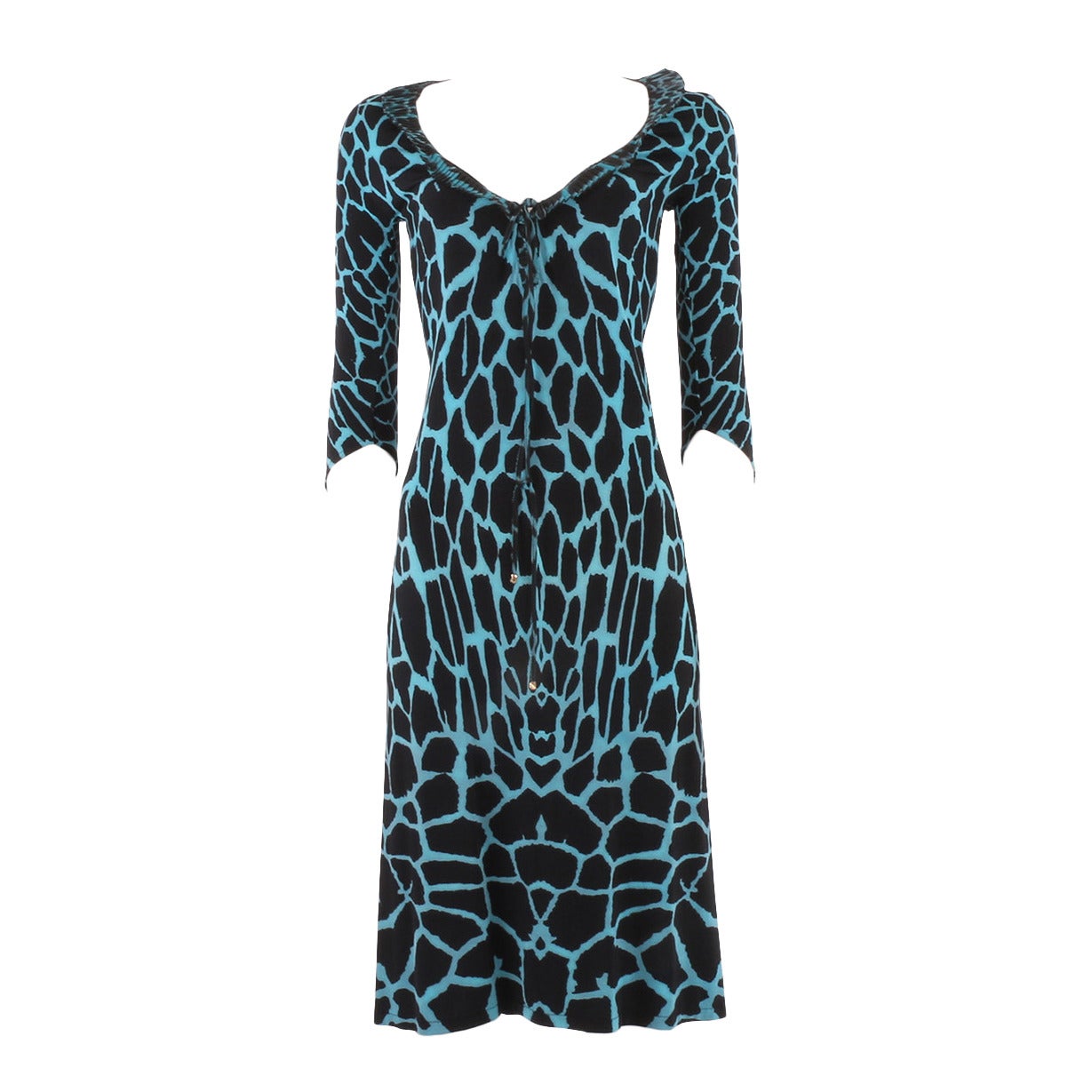 Roberto Cavalli Turquoise and Black Giraffe Print Jersey Dress For Sale