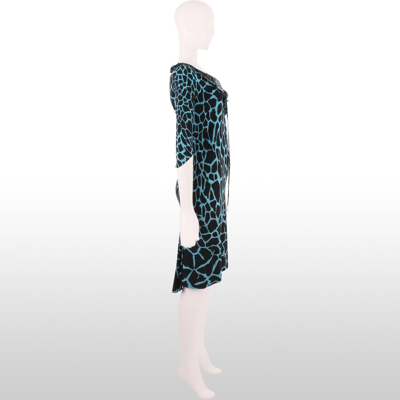 Roberto Cavalli Turquoise and Black Giraffe Print Jersey Dress In Excellent Condition For Sale In London, GB