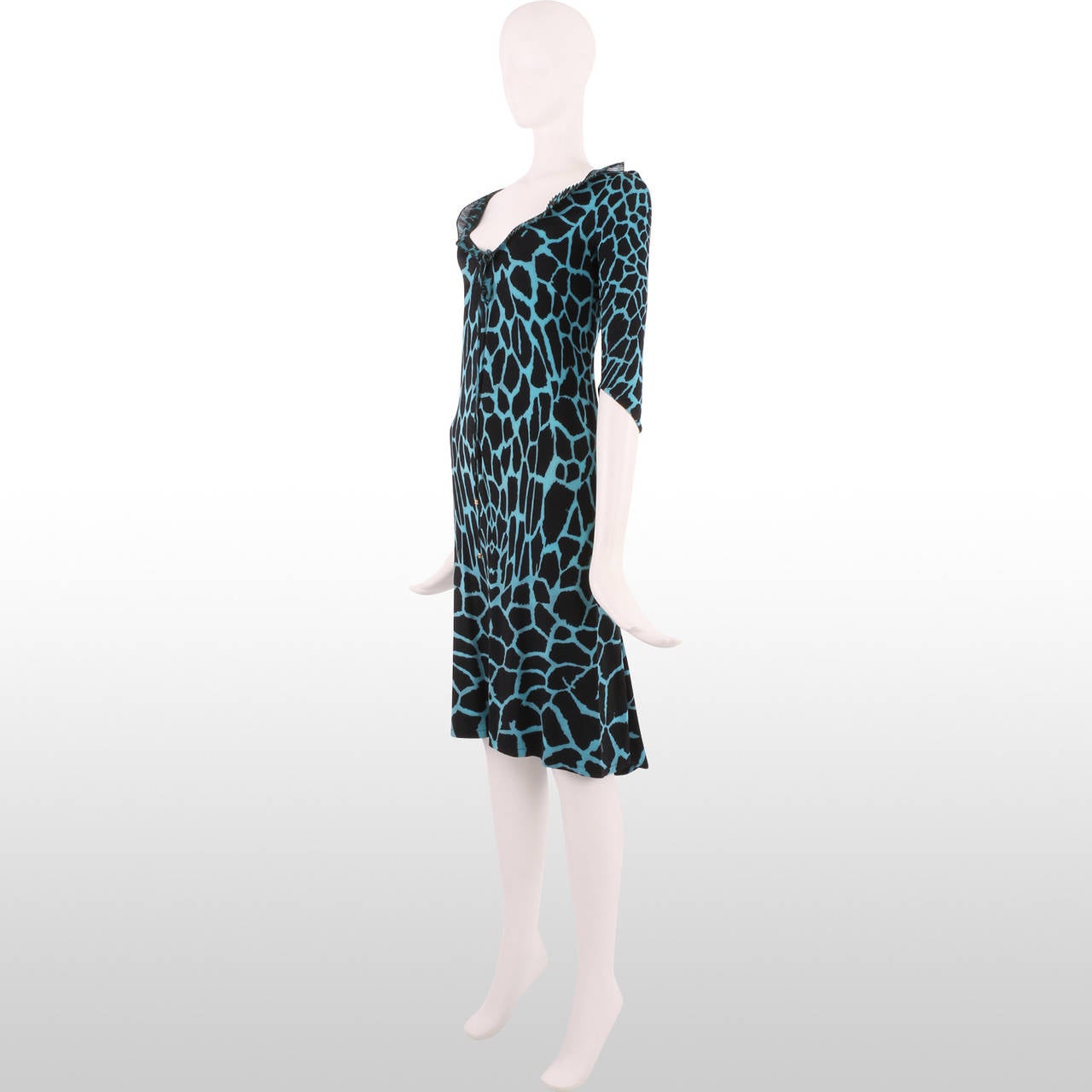 Roberto Cavalli Turquoise and Black Giraffe Print Jersey Dress For Sale 1