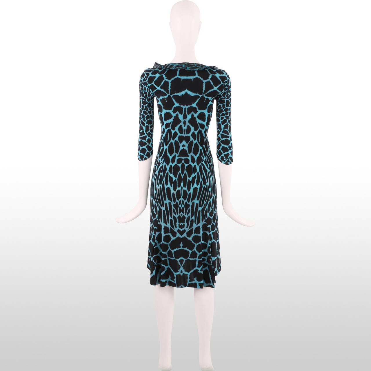 Women's Roberto Cavalli Turquoise and Black Giraffe Print Jersey Dress For Sale