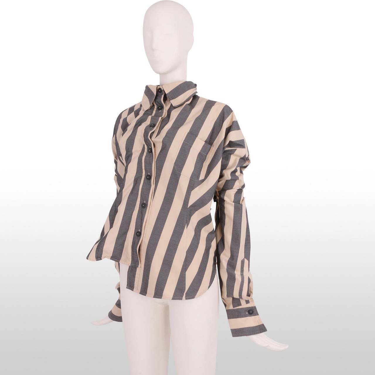 Vivienne Westwood Grey and Ivory Vertical Striped Ruffle Asymmetric Shirt In Excellent Condition For Sale In London, GB