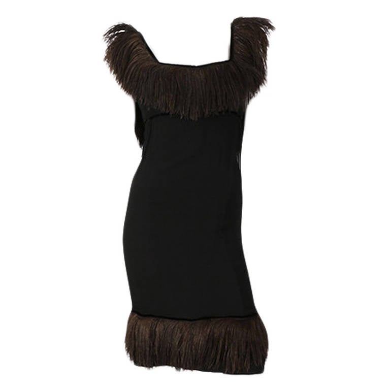 1960's Black Ostrich Feather Trim Cocktail Dress For Sale