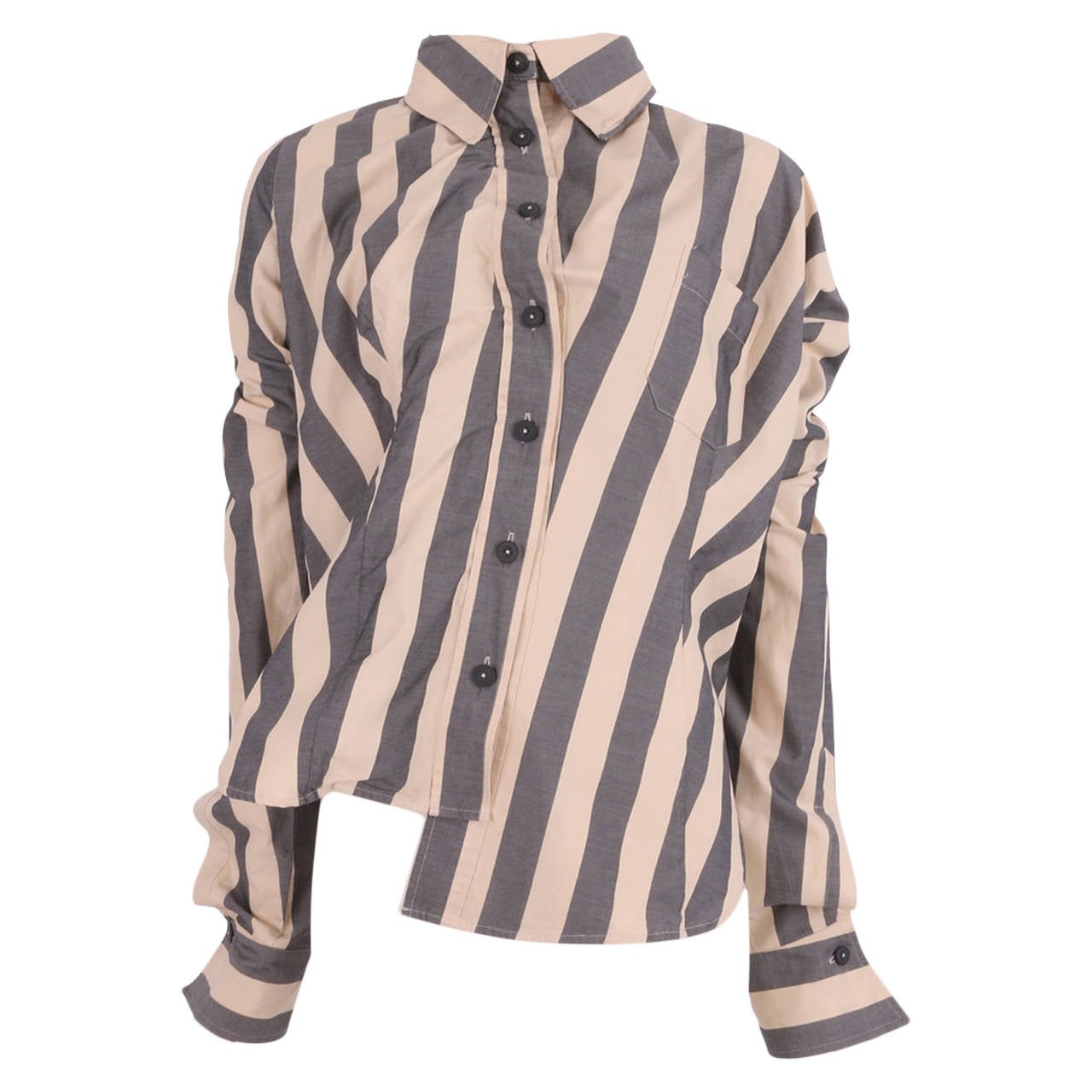 Vivienne Westwood Grey and Ivory Vertical Striped Ruffle Asymmetric Shirt For Sale