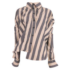 Vivienne Westwood Grey and Ivory Vertical Striped Ruffle Asymmetric Shirt