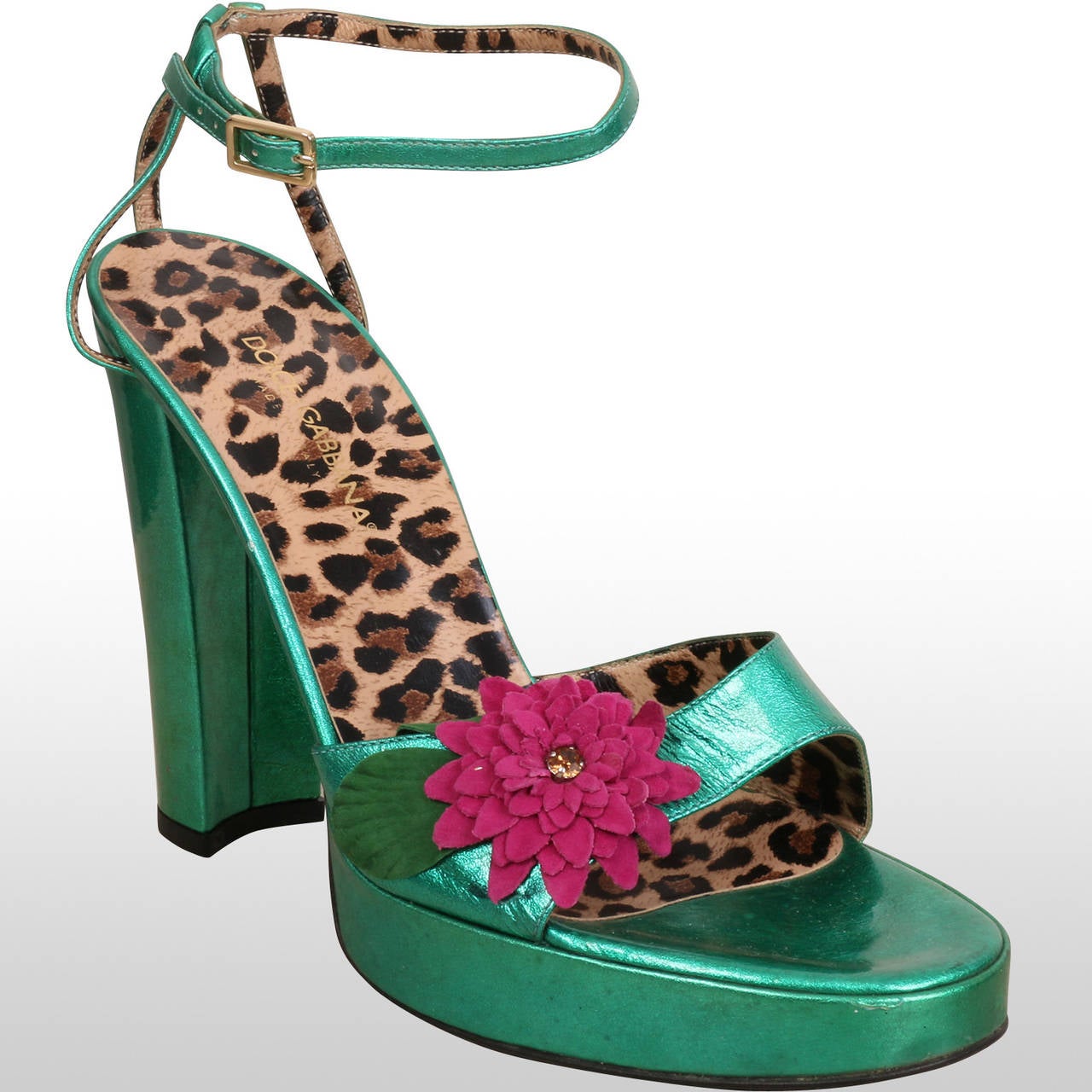 Blue Dolce and Gabbana Green Metallic Platform Sandals with Flower For Sale