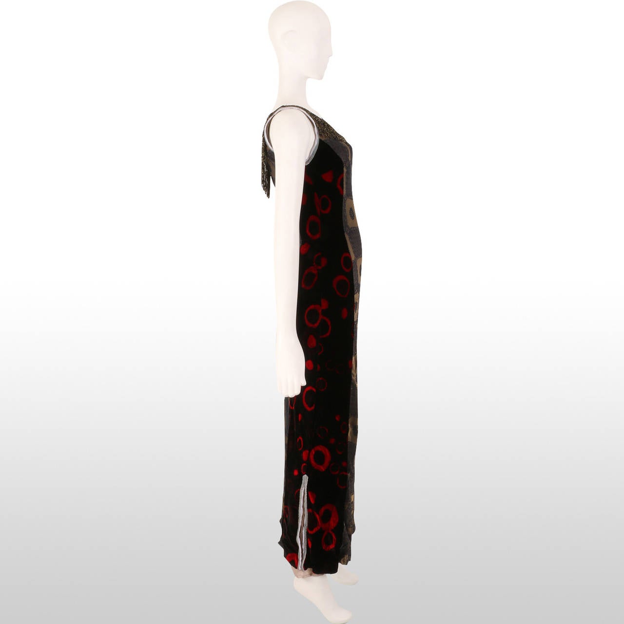 Black Original Voyage Crushed Velvet Red Circle Print Dress For Sale