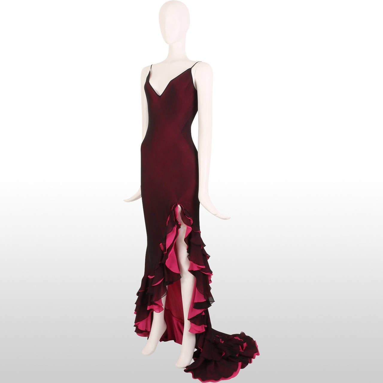Black Maria Grachvogel Dark Purple and Fuchsia Ombre Flamenco Ruffled  V Back Gown For Sale